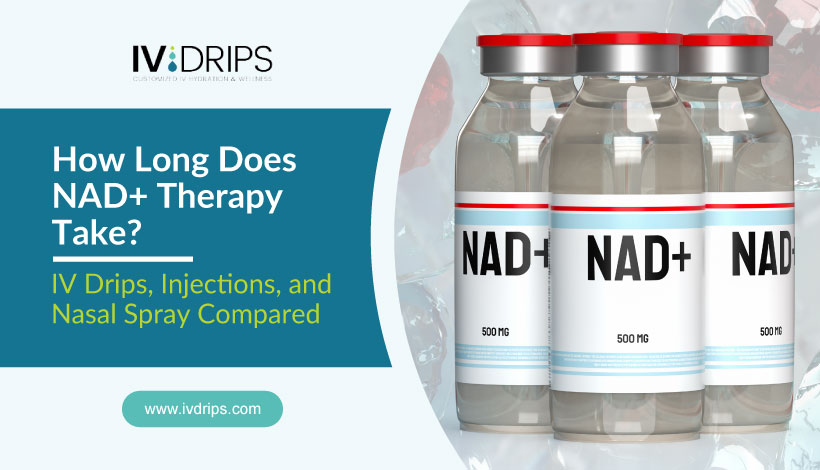 Three bottles labeled NAD+ 500 MG are shown beside a graphic asking, How Long Does NAD+ Therapy Take? IV Drips, Injections, and Nasal Spray Compared. The image promotes www.ivdrips.com.