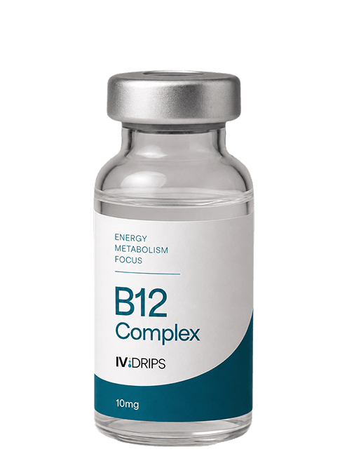A clear vial labeled B12 Complex with Energy Metabolism Focus and IV Drips, 10mg printed on a white and teal label, against a plain white background.