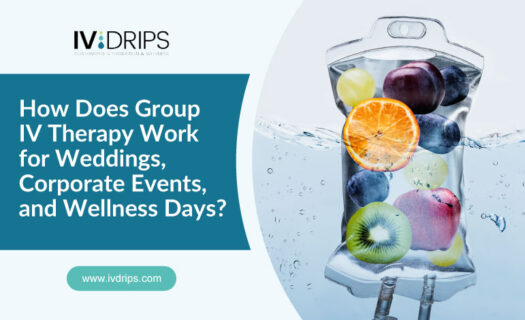 A clear IV bag filled with water, berries, orange slices, apple, and lemon, partially submerged, beside text about group IV therapy for events. IVDRIPS logo and website are visible.