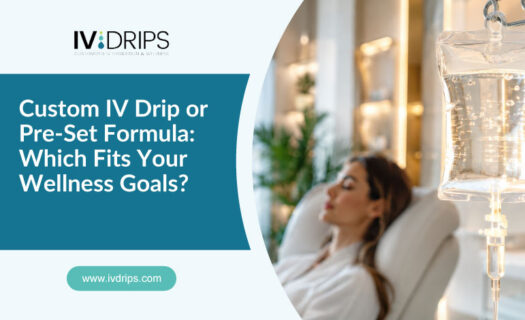 A woman relaxes in a chair receiving an IV drip, with text discussing custom IV drip or pre-set formulas for wellness goals. The website ivdrips.com is shown.