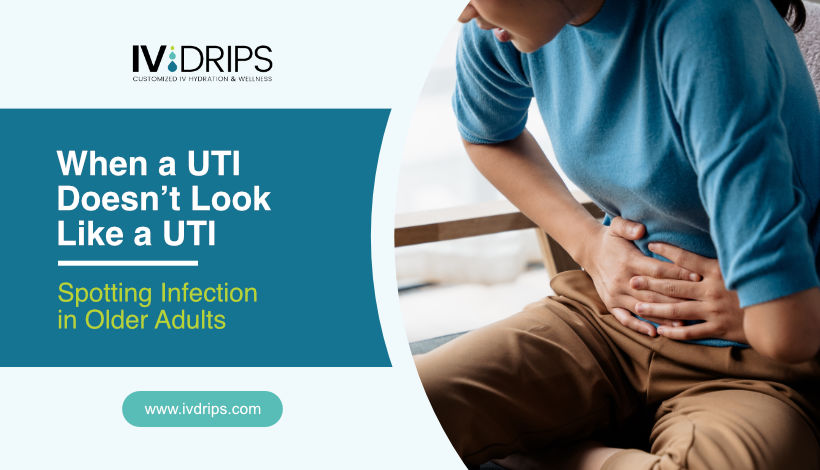 A woman in a blue shirt sits holding her stomach in discomfort, highlighting UTI symptoms in older adults. Text reads: When a UTI Doesn’t Look Like a UTI—Spotting Infection in Older Adults. IV Drips logo and website are also shown.