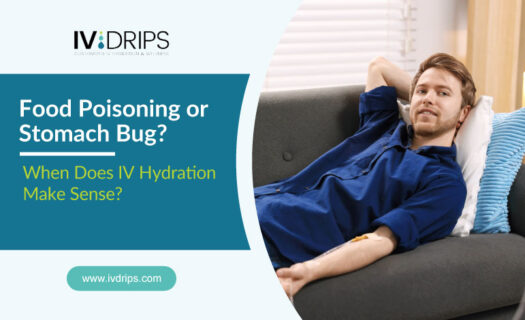 A man relaxes on a couch with an IV drip in his arm, next to text asking if IV hydration helps with food poisoning or a stomach bug.
